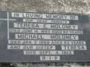 parents;
Teresa E. MOLONEY,
died 14 June 1963 aged 82 years;
Michael MOLONEY,
died 7 Jan 1969 aged 83 years;
Teresa Veronica MOLONEY, baby sister,
died 4 Sept 1922;
St James Catholic Cemetery, Palen Creek, Beaudesert Shire