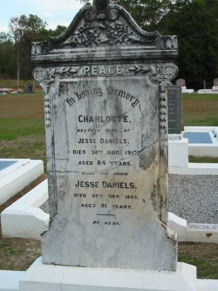 wife  | Charlotte DANIELS  | 30 Aug 1917  | aged 84  |   | husband  | Jesse DANIELS  | 27 Sep 1923  | aged 91  |   | Parkhouse Cemetery, Beaudesert  | 