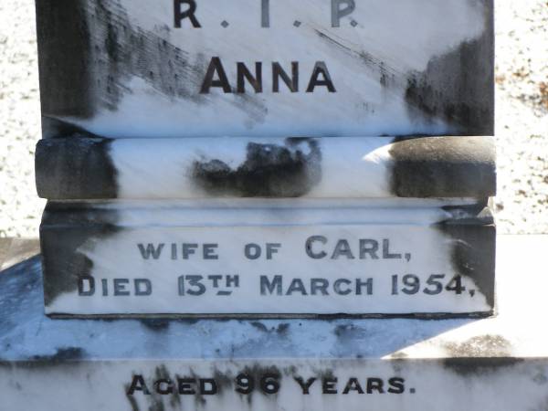Carl HUTH,  | husband father,  | died 24 Dec 1927;  | Anna,  | wife of Carl,  | died 13 March 1954 aged 96 years;  | Pimpama Island cemetery, Gold Coast  | 