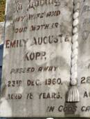 
Emily Auguste KOPP,
wife mother,
died 23 Dec 1960 aged 78 years;
Otto Ludwig KOPP,
husband father,
died 28 July 1968 aged 85 years;
Pimpama Island cemetery, Gold Coast
