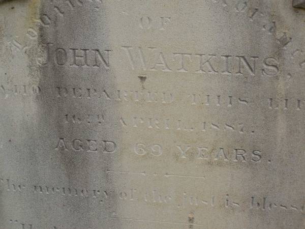 John WATKINS,  | died 11 Apr 1878 aged 69 years,  | erected by friend Evangeline HARRISON;  | Pimpama Uniting cemetery, Gold Coast  | 