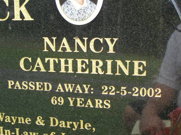 James Frederick CRICK,  | died 20-8-1989 aged 61 years;  | Nancy Catherine CRICK,  | <a href= http://en.wikipedia.org/wiki/Nancy_Crick >euthanasia martyr</a>,  | died 22-5-2002 aged 69 years;  | parents of Wayne & Daryle,  | father and mother-in-law of Jackie,  | grandparents of Celest, Seona, Craig (dec) & Warren (dec),  | great-grandparents of FLYNN, Jai, Sara, Abby, Hana & Jess;  | Pimpama Uniting cemetery, Gold Coast  | 