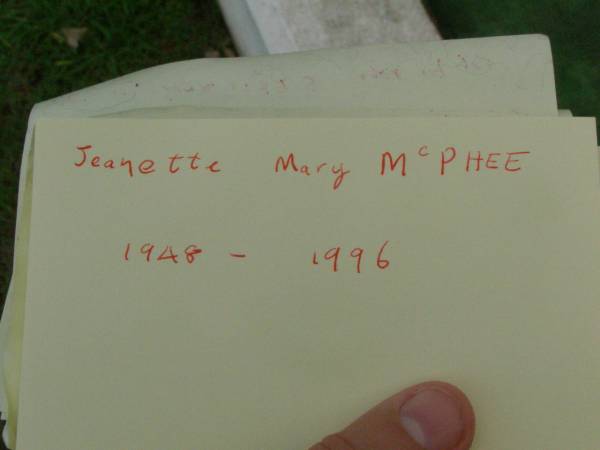 Jeanette Mary MCPHEE,  | 1948 - 1996;  | Pimpama Uniting cemetery, Gold Coast  | 