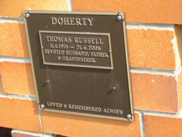 Thomas Russell DOHERTY,  | 11-1-1916 - 21-4-2006,  | husband father grandfather;  | Pimpama Uniting cemetery, Gold Coast  | 