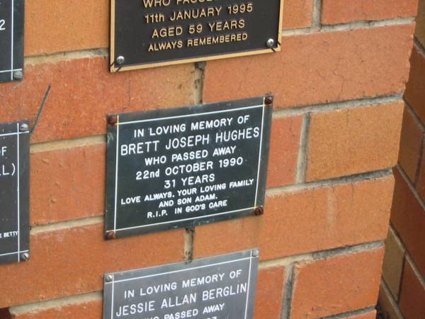Brett Joseph HUGHES,  | died 22 Oct 1990 aged 31 years,  | son Adam;  | Pimpama Uniting cemetery, Gold Coast  | 