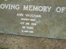 Ann VAUGHAN,
died 16 Jan 1908 aged 80 years;
Pimpama Uniting cemetery, Gold Coast