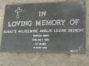 Auguste Wilhelmine Amalie Louise NEINERT,
died 14 July 1921 aged 75 years;
Pimpama Uniting cemetery, Gold Coast