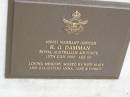 R.G. DAMMAN,
died 15 July 2002 aged 88 years,
wife Mary,
daughters Anna & Jane;
Pimpama Uniting cemetery, Gold Coast