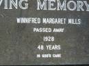 Winnifred Margaret MILLS,
died 1928 aged 48 years;
Pimpama Uniting cemetery, Gold Coast