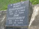 Henry EGGERSDORFF,
died 14-8-1969 aged 73 years;
Jane EGGERSDORFF,
died 31-3-1981 aged 78 years;
Pimpama Uniting cemetery, Gold Coast