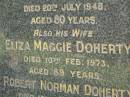 Robert DOHERTY,
husband,
died 20 July 1948 aged 80 years;
Eliza Maggie DOHERTY,
wife,
died 10 Feb 1973 aged 89 years;
Robert Norman DOHERTY,
died 4 Dec 1948 aged 9 days;
Pimpama Uniting cemetery, Gold Coast
