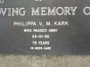 Philippa V.M. KARK,
died 24-01-90 aged 79 years;
Pimpama Uniting cemetery, Gold Coast