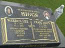 Warren Lee HIGGS,
19-7-1966 - 25-2-1995,
son stepson brother grandson uncle;
Craig John HIGGS,
19-4-1964 - 8-12-1999,
son stepson brother husband grandson,
father of Jai, Sara, Abby, Hana & Jess;
Pimpama Uniting cemetery, Gold Coast