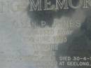 Allen P. JONES,
died 20 June 1993 aged 41 years;
Dennis W. JONES,
brother,
died 30-4-1993 aged 44 years,
ashes scattered at Geelong VIC;
Pimpama Uniting cemetery, Gold Coast