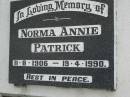 Norma Annie PATRICK,
11-8-1906 - 19-4-1990;
Pimpama Uniting cemetery, Gold Coast