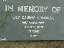 Lily Cairnie COSGROVE,
died 8 Sept 1989 aged 77 years;
Pimpama Uniting cemetery, Gold Coast
