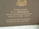 G.J. SHEPHERD,
died 8 Aug 2002 aged 56 years,
husband of Lorraine,
father of Luke & Craig;
Pimpama Uniting cemetery, Gold Coast