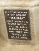 Marija,
died 24-09-2002;
Pimpama Uniting cemetery, Gold Coast