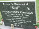 Ian Geoffrey (Geoff) COWMAN,
27-9-1925 - 21-8-1997,
husband of Beryl,
father of Maureen, Roland, Alan & Helen,
pop;
Pimpama Uniting cemetery, Gold Coast