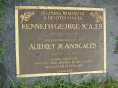 Kenneth George SCALES,
26-8-1926 - 13-3-1995;
Audrey Joan SCALES,
wife,
31-5-1927 - 2-1-2004;
parents of Christine, David, Richard, Michael & Mark;
Pimpama Uniting cemetery, Gold Coast