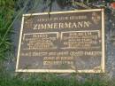 Maria ZIMMERMANN,
18-4-1920 - 18-5-2005 aged 85 years,
wife mother;
Wilhelm ZIMMERMANN,
22-12-1918 - 18-6-2005 aged 86 years,
husband father;
grandparents great-grandparents;
Pimpama Uniting cemetery, Gold Coast