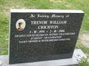 Trevor William CRICHTON,
1-10-1935 - 2-10-2006,
husband father grandfather great-grandfather;
Pimpama Uniting cemetery, Gold Coast