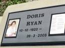 Doris RYAN,
10-10-1920 - 26-3-2005;
Pine Mountain St Peters Anglican cemetery, Ipswich