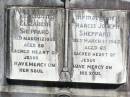 William ANDREWS, of ?? England,
died 16 Jan 1880 aged 35 years;
Catherine ANDREWS, wife,
died 21 Nov 1918 aged 78 years;
Elizabeth SHEPPARD,
died 12 March 1958 aged 88;
Francis Joseph SHEPPARD,
died 16 march 1945 aged 65;
Pine Mountain Catholic (St Michaels) cemetery, Ipswich