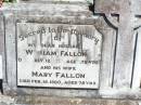 William FALLON, husband,
died 12 July 1952 aged 72 years;
Mary FALLON, wife,
died 18 Feb 1960 aged 78 years;
Pine Mountain Catholic (St Michaels) cemetery, Ipswich