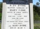 Rody BYRNE, father,
husband of Mary Byrne,
native of Kings County Ireland,
died 28 Feb 1905 aged 66 years;
Mary BYRNE, wife,
died 6 June 1922 aged 82 years;
William BYRNE, son of Rody & Mary BYRNE,
died 20 July 1944 aged 80 years;
Pine Mountain Catholic (St Michaels) cemetery, Ipswich