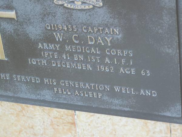 W.C. DAY.  | died 10 Dec 1962 aged 63 years;  | Olive Elizabeth DAY,  | died Sept 1963 aged 67 years;  | Polson Cemetery, Hervey Bay  | 