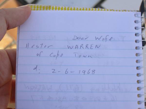 Hester WARREN,  | wife,  | of Cape Town,  | died 2-6-1968;  | Polson Cemetery, Hervey Bay  | 