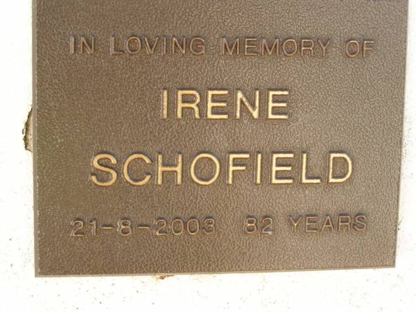 Irene SCHOFIELD,  | died 21-8-2003 aged 82 years;  | Polson Cemetery, Hervey Bay  | 