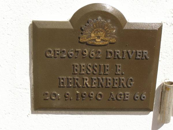 Bessie E. HERRENBERG,  | died 20-9-1990 aged 66 years;  | Polson Cemetery, Hervey Bay  | 