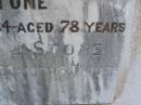 David George,
husband of S.J. STONE,
died 23 Sept 1934 aged 78 years;
Sarah J. STONE,
died 8 Mar 1939 aged 85 years;
Polson Cemetery, Hervey Bay