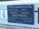 Donald Edgar BROWNING,
died 28 June 1970 aged 65 years;
Ada Alice BROWNING,
died 20 July 1973 aged 91 years;
Polson Cemetery, Hervey Bay