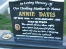 Annie DAVIS,
mother nana,
1 May 1899 - 11 Jan 1985 aged 86 years;
Polson Cemetery, Hervey Bay