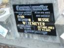 Ivan Desmond WEDEMEYER,
husband father,
died 14 Aug 1965 aged 65 years;
Bessie WEDEMEYER,
wife mother,
died 15 Aug 1983 aged 72 years;
Polson Cemetery, Hervey Bay