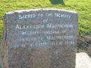 Alexander MACPHERSON,
husband of Margaret MACPHERSON,
died 14 July 1941 aged 81 years;
Polson Cemetery, Hervey Bay
