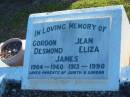 Gordon Desmond JAMES,
1904 - 1960;
Jean Eliza JAMES,
1913 - 1990;
parents of Judith & Gordon;
Polson Cemetery, Hervey Bay