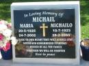 Maria MICHAIL,
20-5-1925 - 24-7-2002;
Michailo MICHAIL,
10-7-1923 - 28-2-2005;
Johnny MICHAIL,
30-12-1946 - 15-2-2001,
missed by mum & dad,
daughter Sharna,
grandson Jarrod;
Polson Cemetery, Hervey Bay