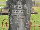Mary,
daughter of K. & M. CLARSON,
died 5 April 1917 aged 6 months;
Alexander CAMPBELL,
died 15 Feb 1917 aged 61 years;
Mary Theresa CAMPBELL,
died 8 Aug 1955 aged 90 years;
Polson Cemetery, Hervey Bay