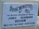James Bradburn BROWN,
husbnd of Desdyl,
died 29 July 1990 aged 72 years;
Polson Cemetery, Hervey Bay