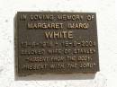 Margaret (Marg) WHITE,
13-6-1918 - 15-9-2004,
wife of Stanley;
Polson Cemetery, Hervey Bay