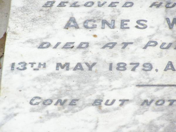 Adam J.F., husband of Agnes WALKER,  | died Pullen Vale 13 May 1879 aged 41 years;  | Pullenvale cemetery, Brisbane  | 