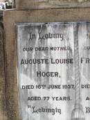 Auguste Louise HOGER, mother,
died 16 June 1937 aged 77 years;
Franz Gustav HOGER, father,
died 30 July 1950 aged 92 years;
Ropeley Immanuel Lutheran cemetery, Gatton Shire