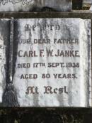 Ida F.W. JANKE, wife mother,
died 21 April 1934 aged 72 years;
Carl F.W. JANKE, father,
died 17 Sept 1938 aged 80 years;
Ropeley Immanuel Lutheran cemetery, Gatton Shire