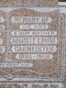 Ferdinand GARMEISTER, husband father,
d1891 - 1956;
Auguste Louise GARMEISTER, wife,
1894 - 1959;
Ropeley Immanuel Lutheran cemetery, Gatton Shire