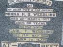 Minna H.O. WESSLING, wife mother,
died 21 March 1957 aged 68 years;
Carl F. WESSLING, father,
died 17 May 1968 aged 79 years;
Ropeley Immanuel Lutheran cemetery, Gatton Shire