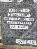 August H. STEINHARDT,
died 17 July 1951 aged 84 years;
Maria A.J. STEINHARDT,
died 18 May 1961 aged 89 years;
August W. STEINHARDT,
died 10? August 1952 aged 63 years;
Ropeley Immanuel Lutheran cemetery, Gatton Shire